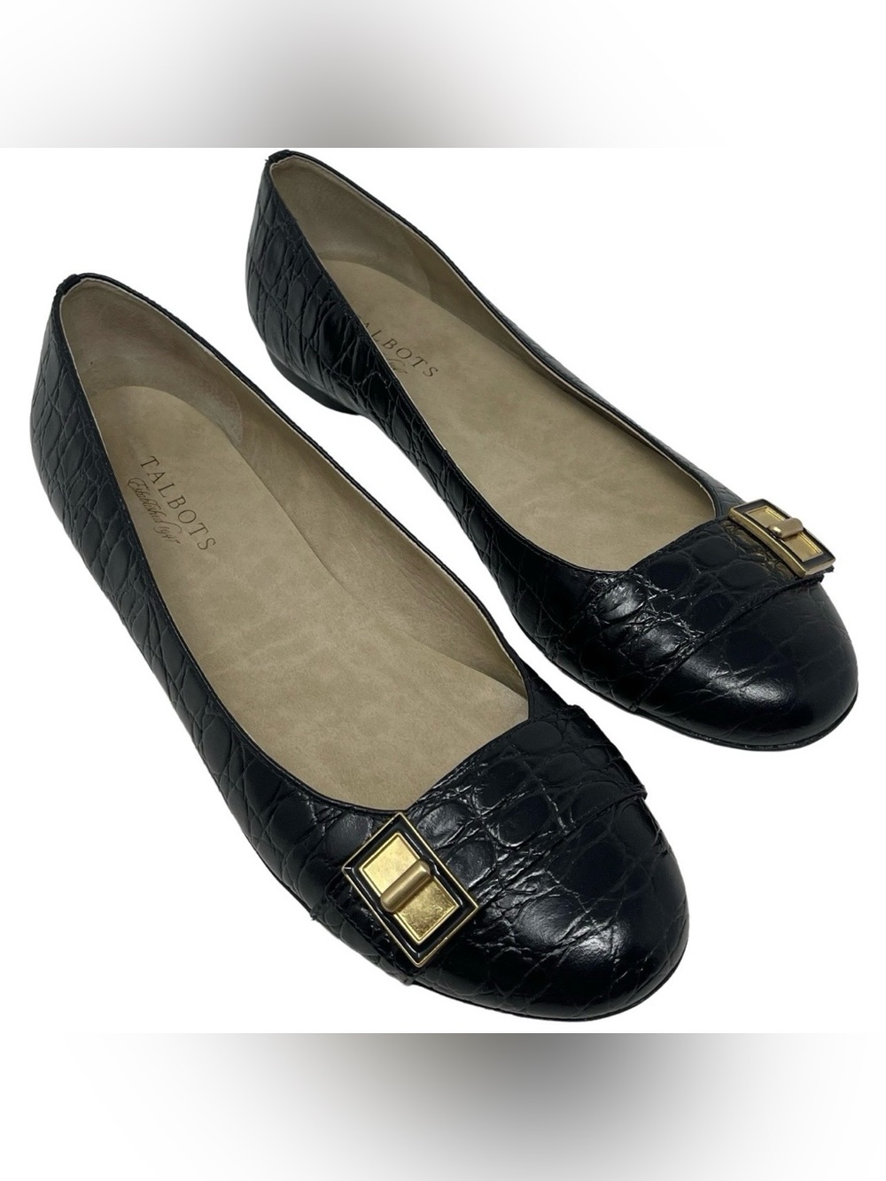 Talbots Black Croc Embossed Leather Gold Hardware Flats Women’s Size 10B